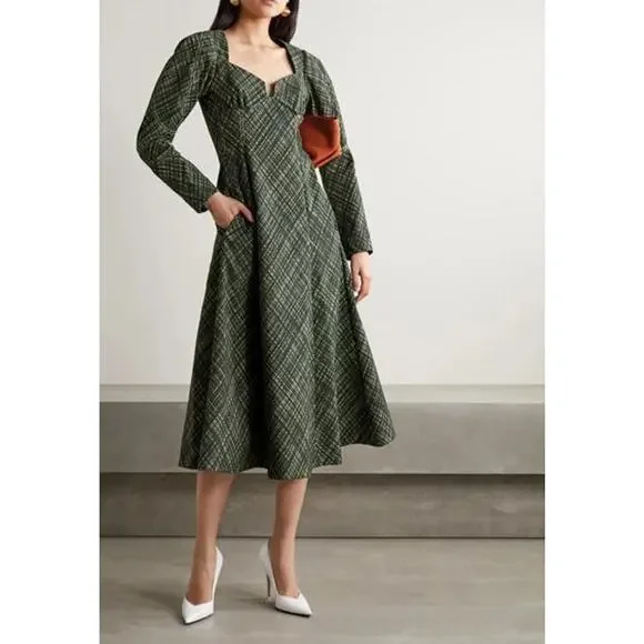 green and navy blue dress Rosie Assoulin // Green Neoprene A-Line Midi Dress – VSP Consignment